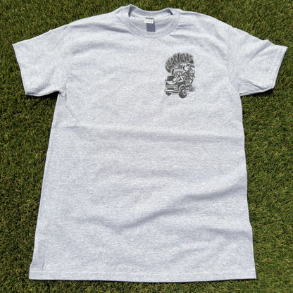 Clear Views Tee front, heather grey with left chest junk hauler logo