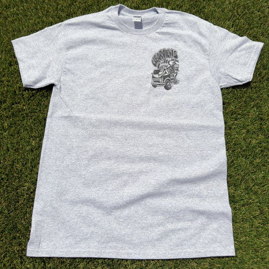 Clear Views Tee front, heather grey with left chest junk hauler logo