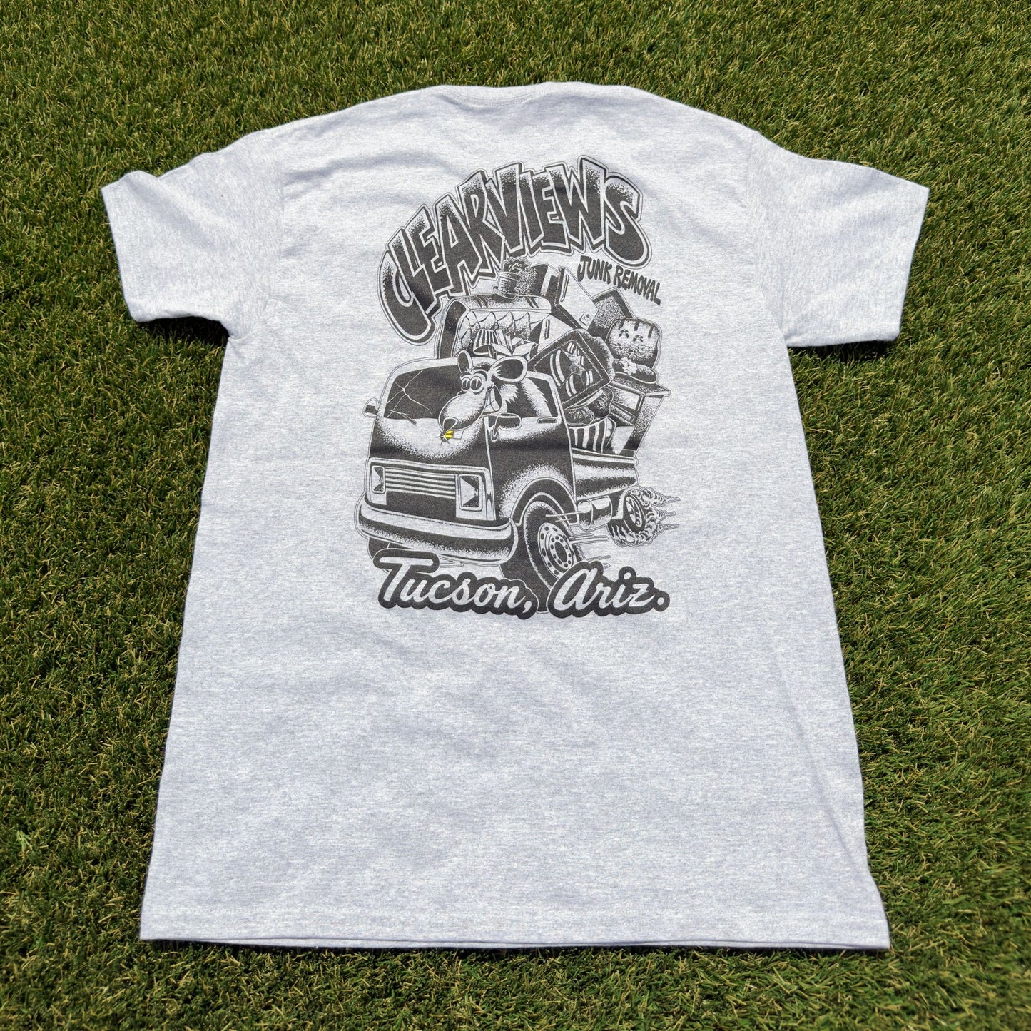 Clear Views Tee back, large Clear Views Junk Removal rat and truck graphic
