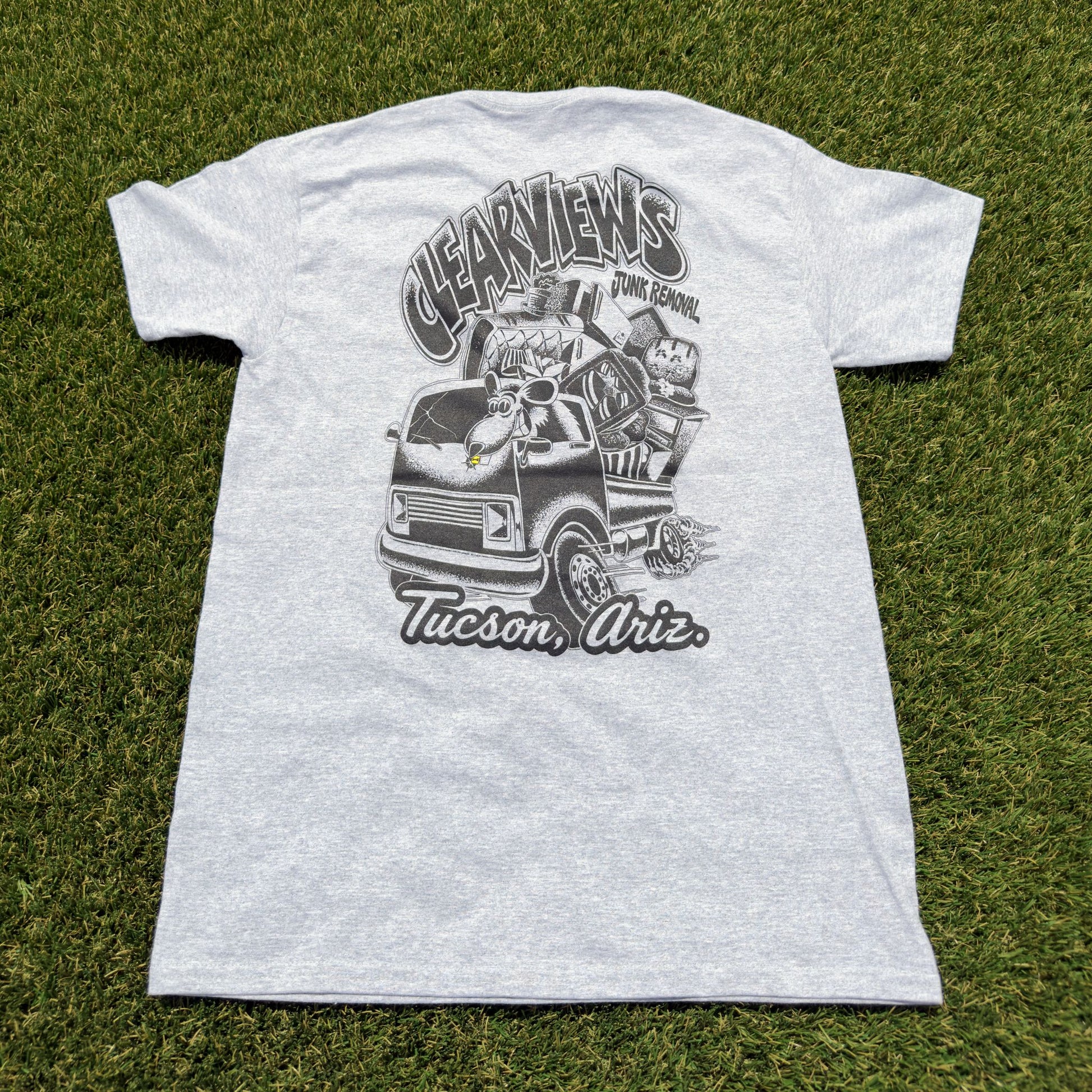 Clear Views Tee back, large Clear Views Junk Removal rat and truck graphic