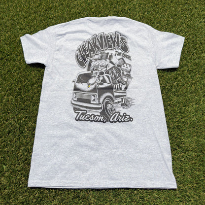 Clear Views Tee back, large Clear Views Junk Removal rat and truck graphic